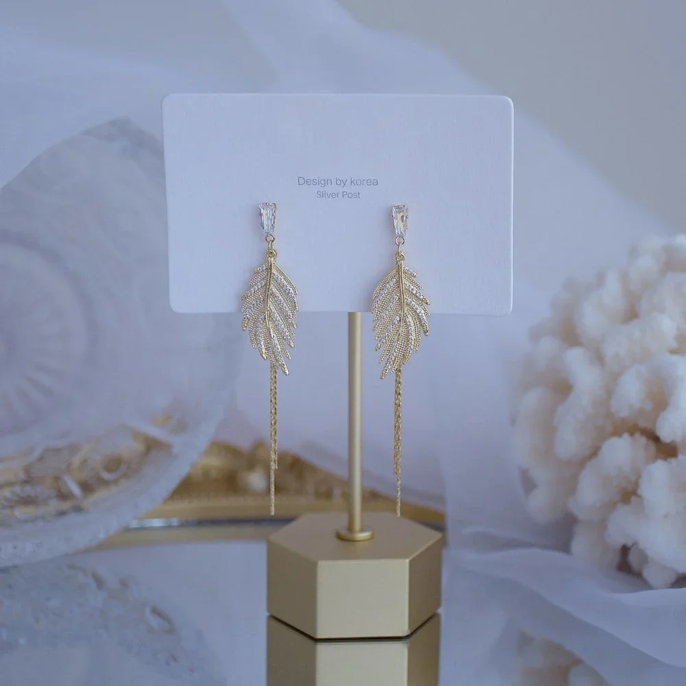#NEW 14K Gold Plated Diamond Leaf Tassel Earrings